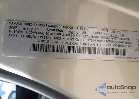 2011 Volkswagen Jetta 2.0L S from USA, damaged, VIN 3VW1K7AJ1BM327213